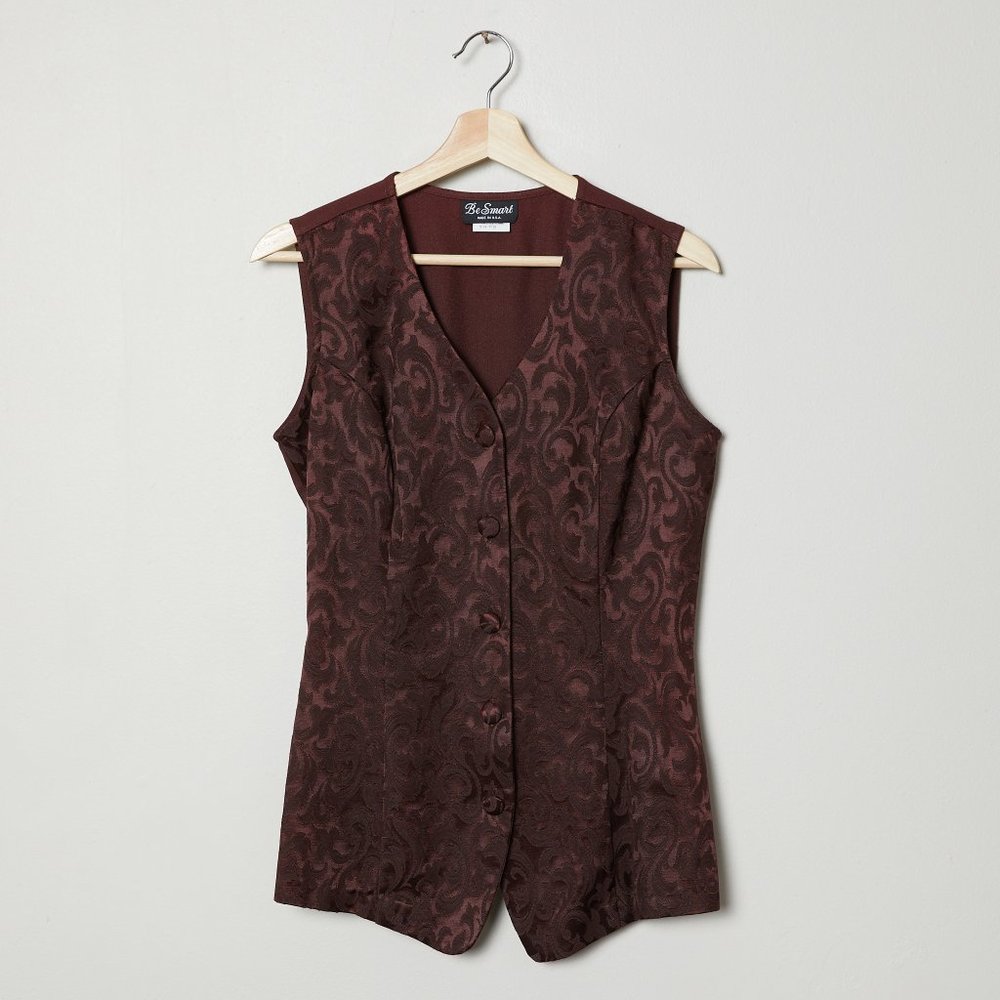 Vtg 80s Chocolate Damask Brocade Vest M